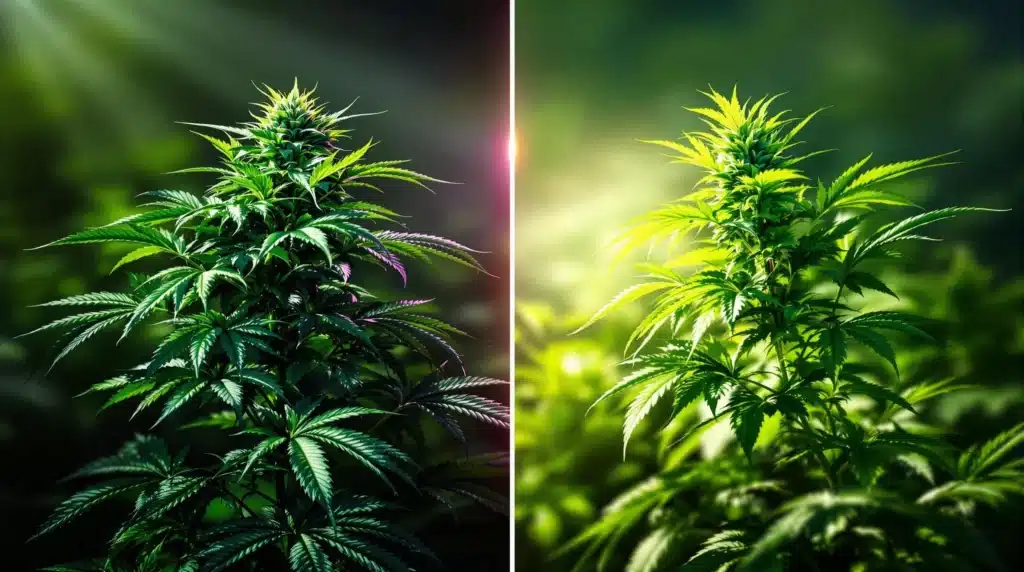 Cannabis plant showing healthy leaves on the left and light green leaves on the right, caused by light stress.