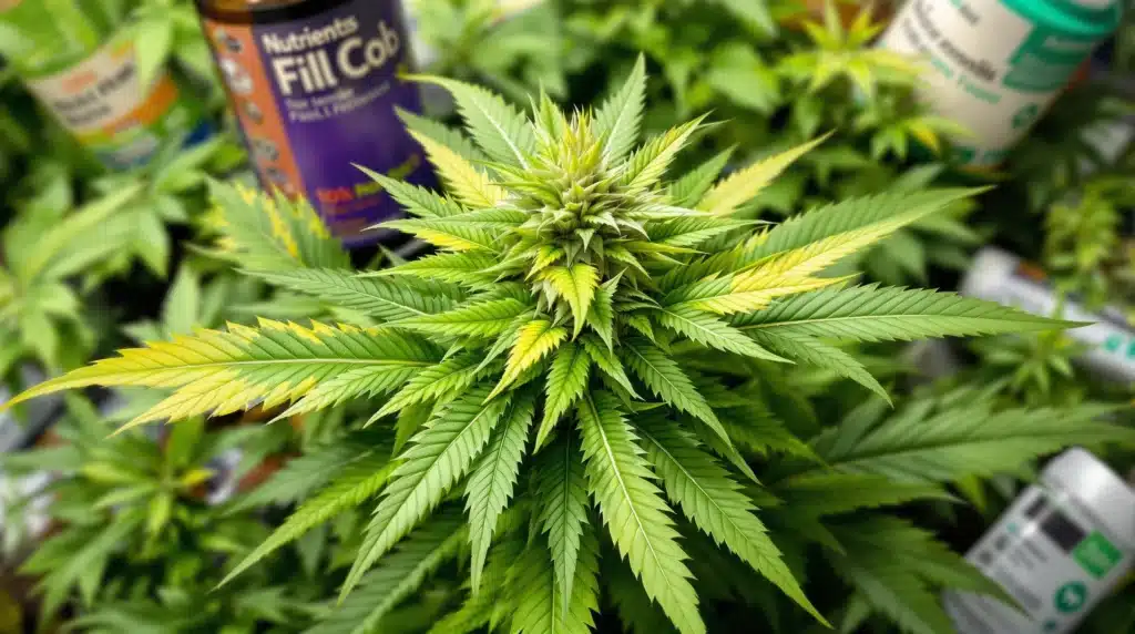 Cannabis plant with leaves turning light green and yellow tips, possibly due to nutrient deficiency.