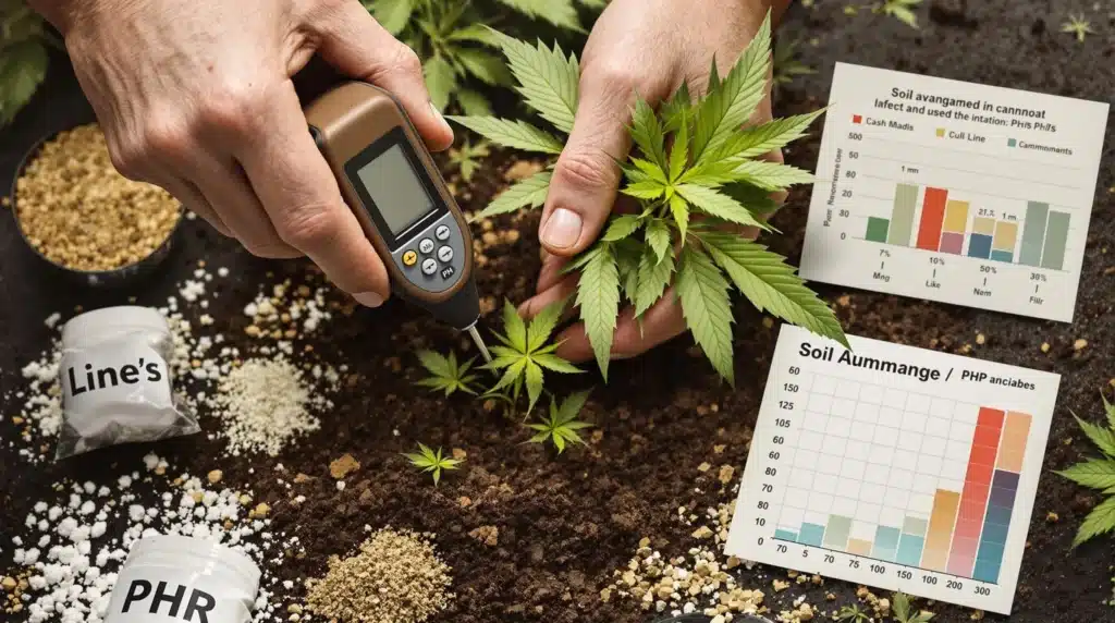 Cannabis plant leaves turning light green, with pH meter measuring soil quality.