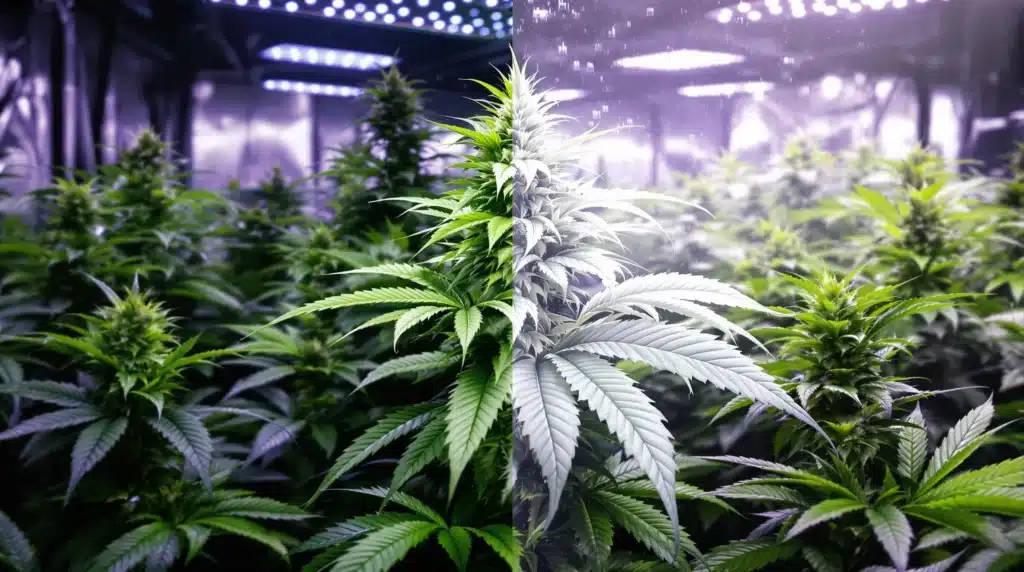 Cannabis plant showing white leaves due to light stress in an indoor grow setup.