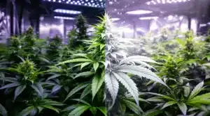 Cannabis plant showing white leaves due to light stress in an indoor grow setup.