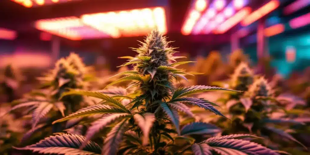 Close-up of a cannabis plant under grow lights, illustrating methods to avoid light burn during cultivation.