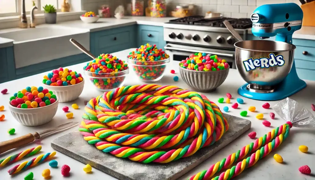 Colorful cannabis-infused Nerds Rope edibles in a kitchen setting with bowls of candy, a mixer, and a coiled candy rope centerpiece
