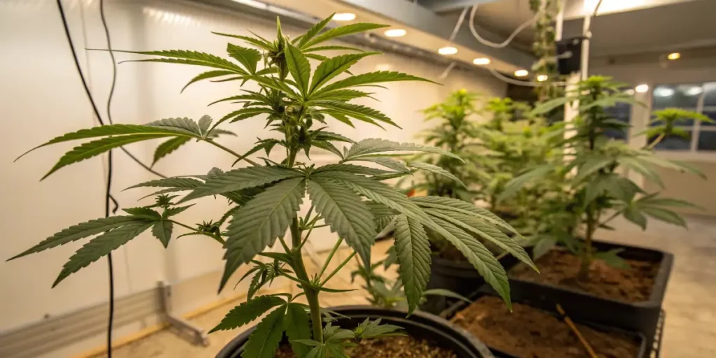 Cannabis plant with wide leaves growing under LED lights in an indoor setting.