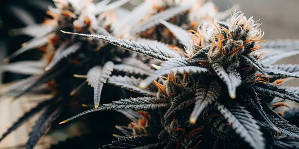 Cannabis plant growing under LED lights in a controlled indoor environment.