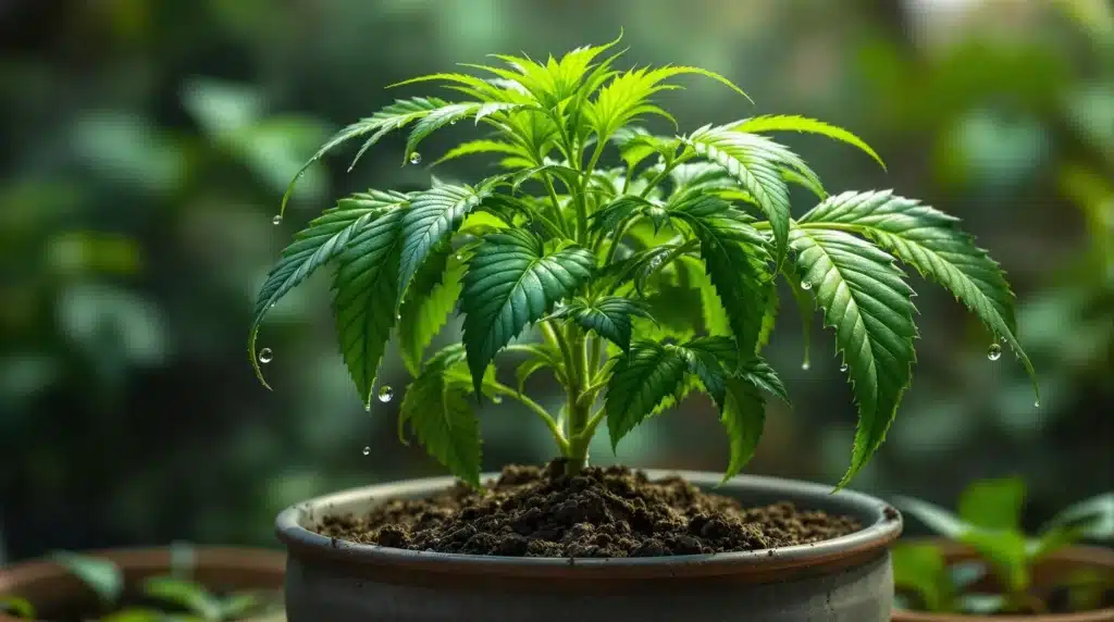 Close-up of cannabis plant with water droplets on leaves, showing healthy growth.