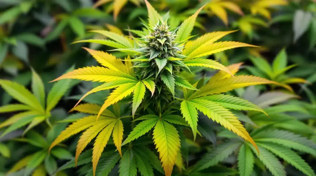 Cannabis plant showing yellowing leaves, a symptom of overwatering.