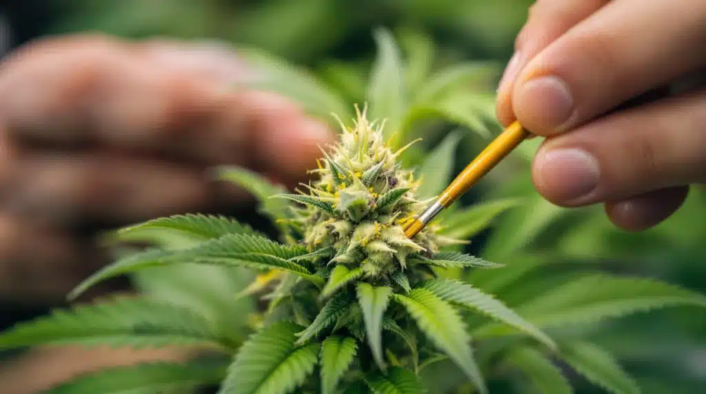 Breeder applying cannabis pollen to a female plant's pistils with a precision brush for hybrid creation.