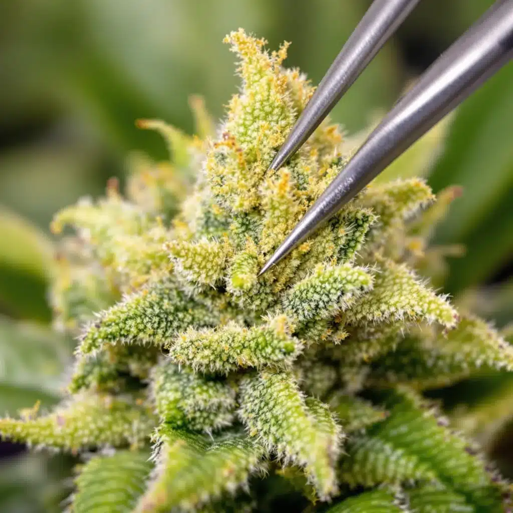 High-yield cannabis pollen being collected from a male Big Bud plant with precision tools