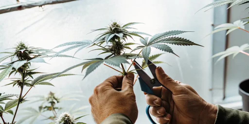 Hyper-realistic close-up of hands using pruning shears to trim an autoflower cannabis plant against a bright background.
