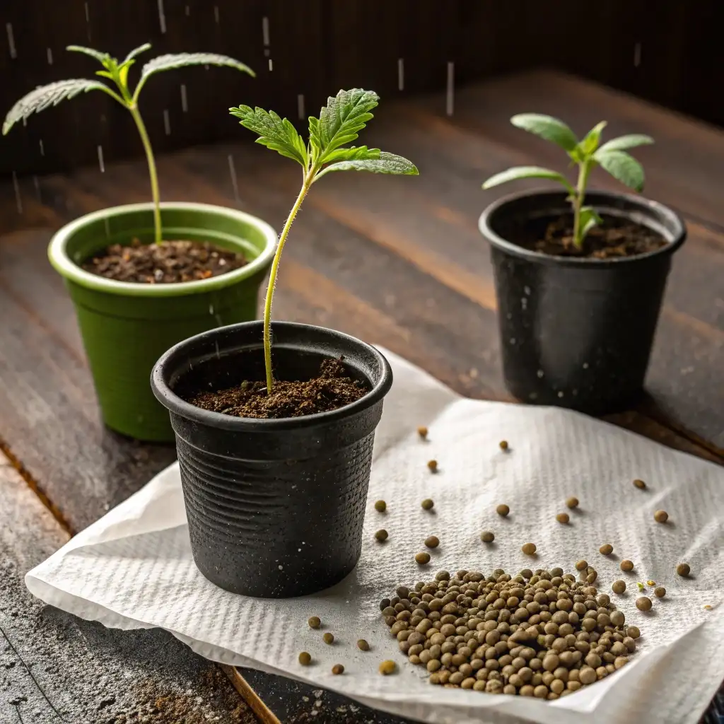 Close-up of cannabis seedlings growing in small pots, with germinating seeds scattered on the surface.