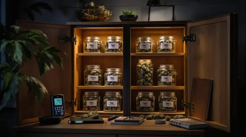 Cannabis jars with TAC labels showing various THC percentages in a dark storage room.