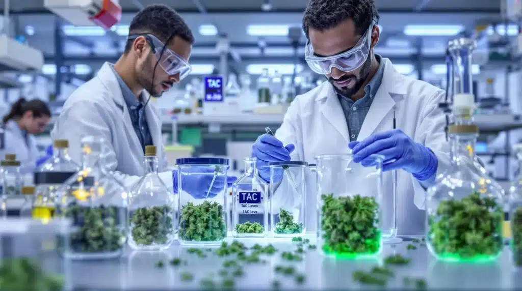 Scientists analyzing cannabis in a laboratory with TAC labels on glass containers.