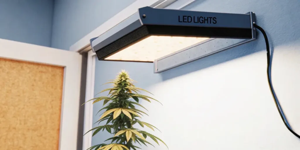 Hyper-realistic illustration of a cannabis plant under an "LED LIGHTS" fixture mounted above a doorway in an indoor setting.