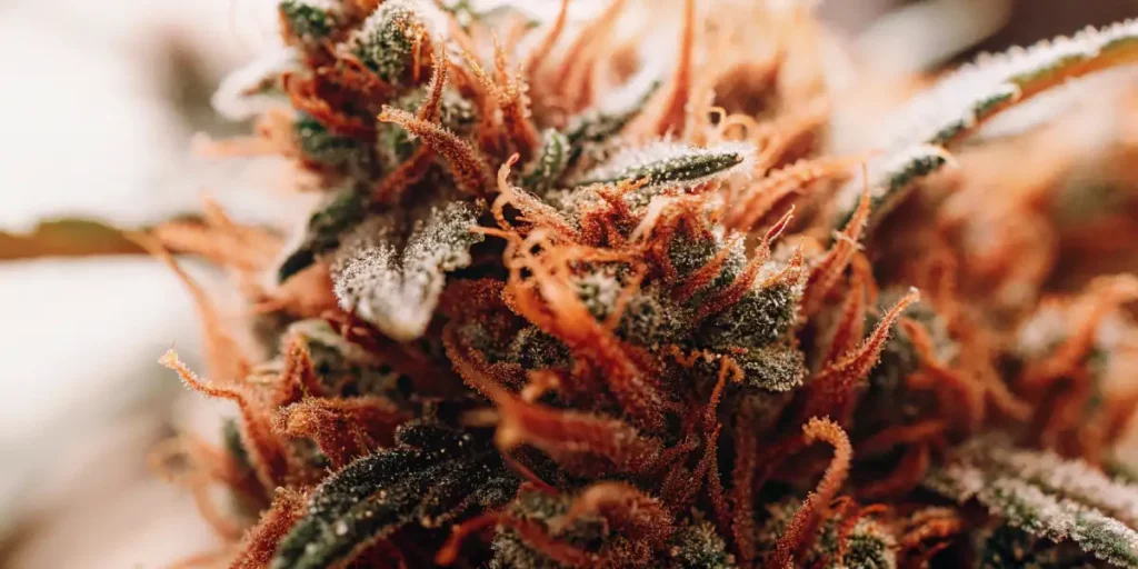 Close-up of a cannabis flower with orange pistils and frosty trichomes.