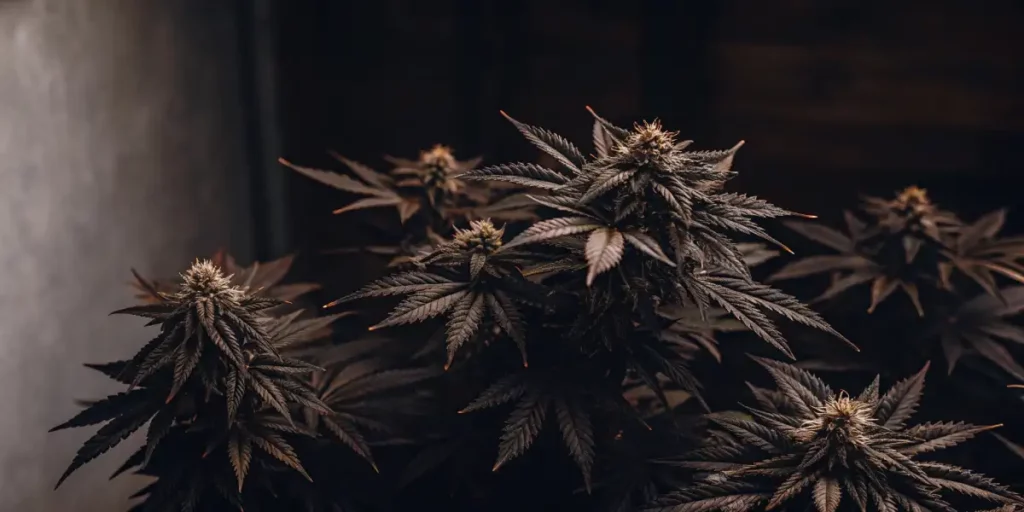 Cannabis plants with dark leaves and dense, resin-rich buds.
