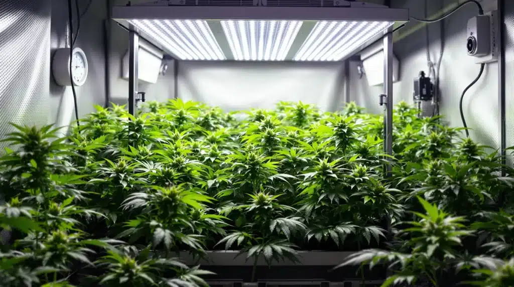 Autoflower cannabis plants growing under LED lights with SCROG setup