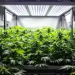 Autoflower cannabis plants growing under LED lights with SCROG setup