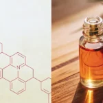 Split screen: left shows red chemical structure diagram on a white background, right shows a cannabis oil dropper bottle and a cannabis leaf on a wooden surface.