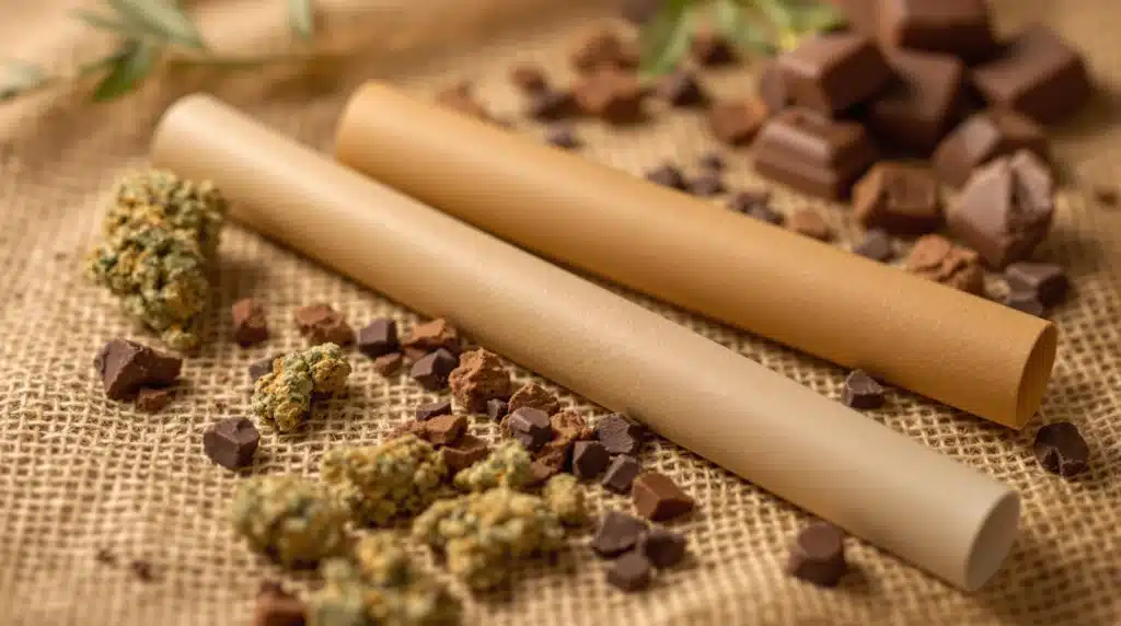 Assortment of Chocolate Rolling Papers with cannabis buds and chocolate chunks on a hemp fabric background.