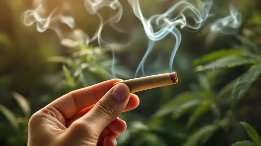 Hand holding a cannabis joint rolled with Chocolate Rolling Paper, with smoke curling up and cannabis leaves in the background