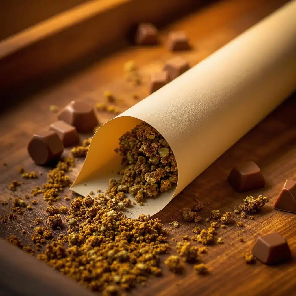 Close-up of a Chocolate Rolling Paper joint on a wooden tray, surrounded by ground cannabis and chocolate pieces under warm lighting.