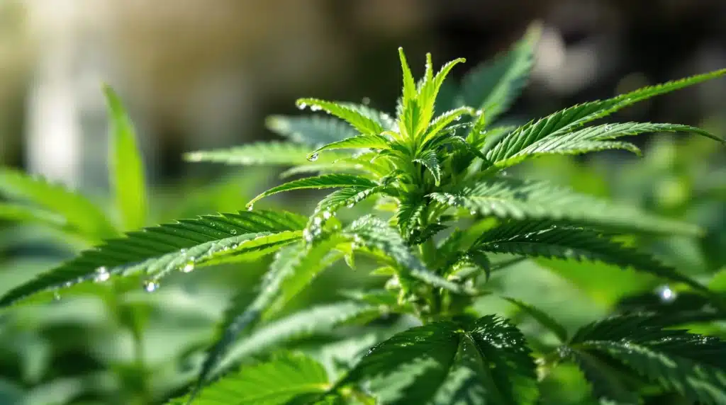 Close-up of cannabis plant leaves with water droplets, emphasizing healthy foliage.