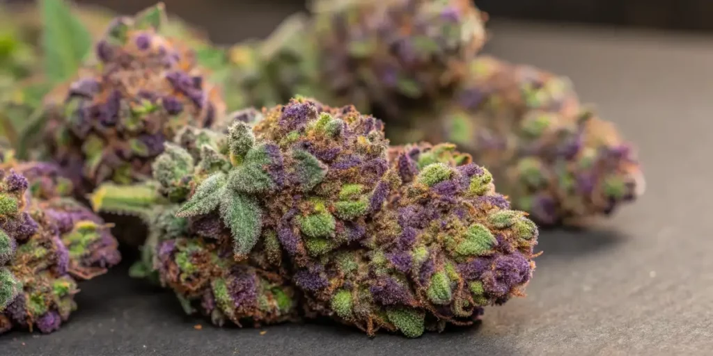 Close-up of purple cannabis buds showing vibrant green and purple colors, covered in frosty trichomes.
