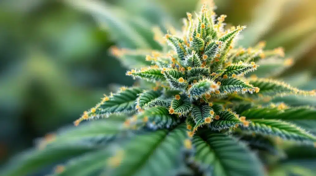 Close-up of cannabis buds with cloudy trichomes nearing amber stage