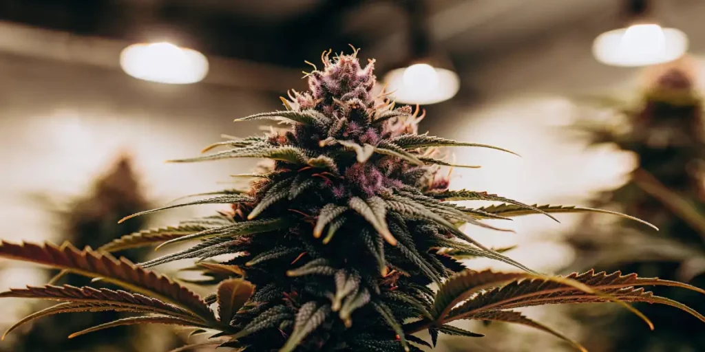 Close-up of purple cannabis buds, glistening with trichomes and surrounded by dark green leaves in a well-lit grow room.