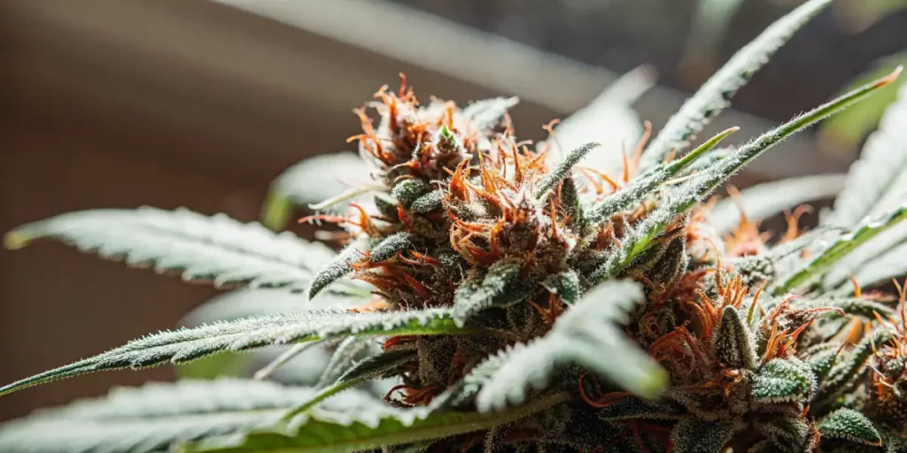 Close-up of a purple Bubba Kush cannabis flower with orange pistils and frosty trichomes.
