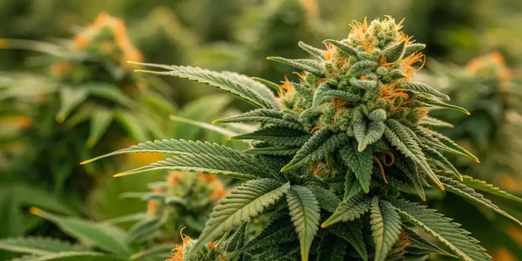 Freshly harvested cannabis buds with orange pistils and green leaves.