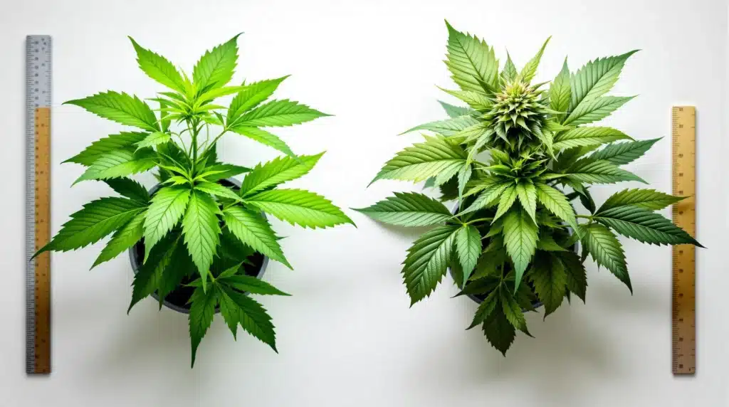 Two cannabis plants at different growth stages, illustrating the effects of nutrient management.