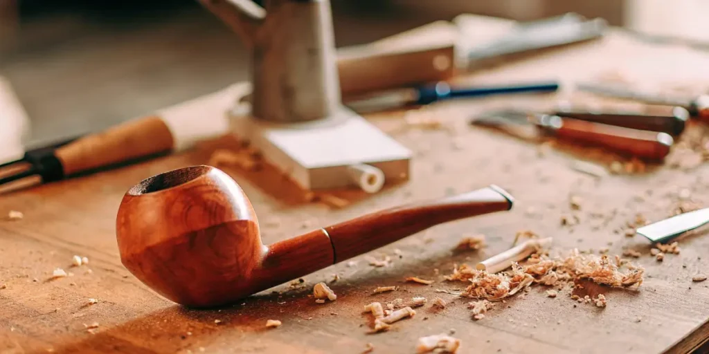 Close-up of a finished wooden smoking pipe on a work table with wood shavings and tools.