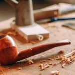 Close-up of a finished wooden smoking pipe on a work table with wood shavings and tools.