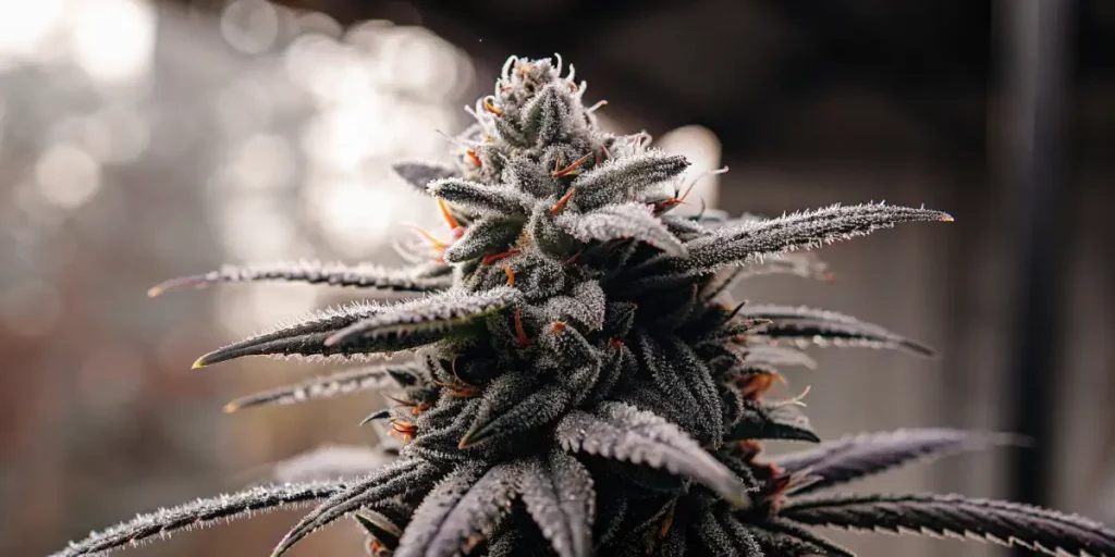 Close-up of dark cannabis buds coated in resin and trichomes, with intricate textures and deep colors.