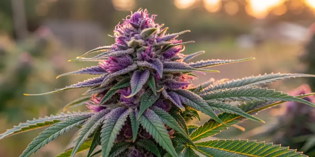 Dark cannabis plants with purple buds and green leaves under artificial lighting.