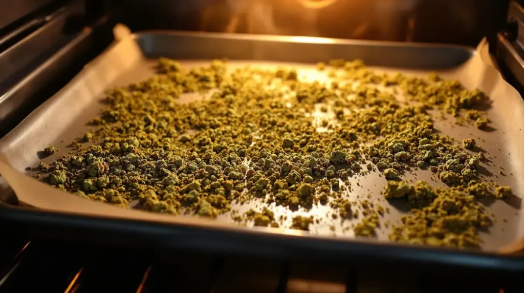 Decarbed cannabis spread on a baking tray under warm oven light during THCA to THC conversion.