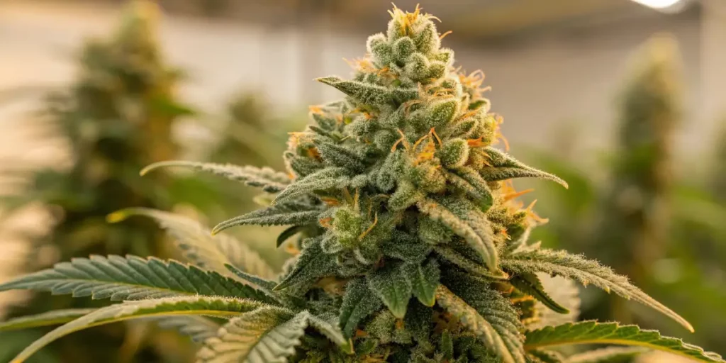A dense cannabis bud in an indoor grow room with visible trichomes and orange pistils.