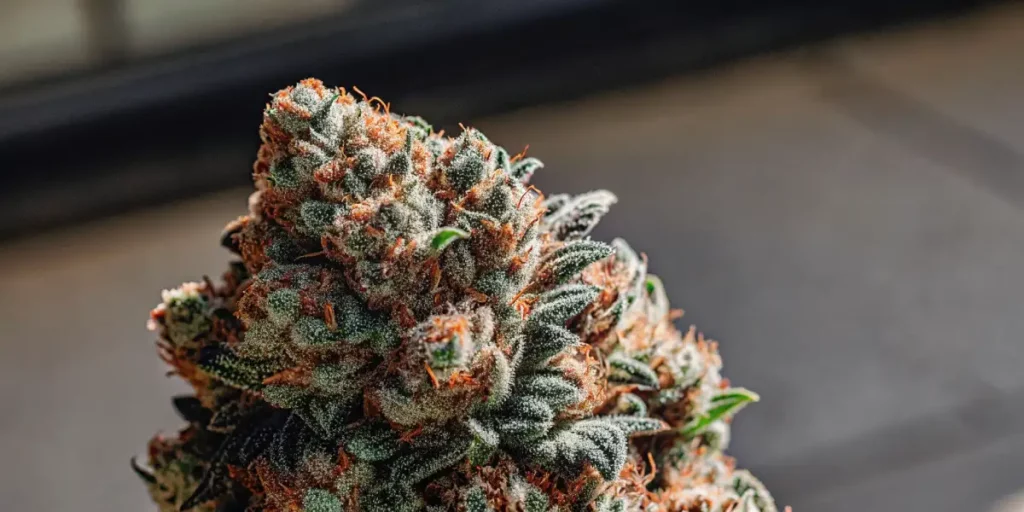 Dense cannabis bud covered in frost with green leaves and orange hairs, lit by bright natural light.