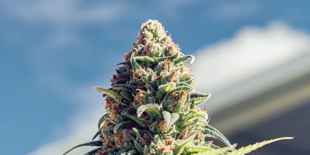 Dense cannabis bud with purple accents and frosty trichomes against a bright sky background.