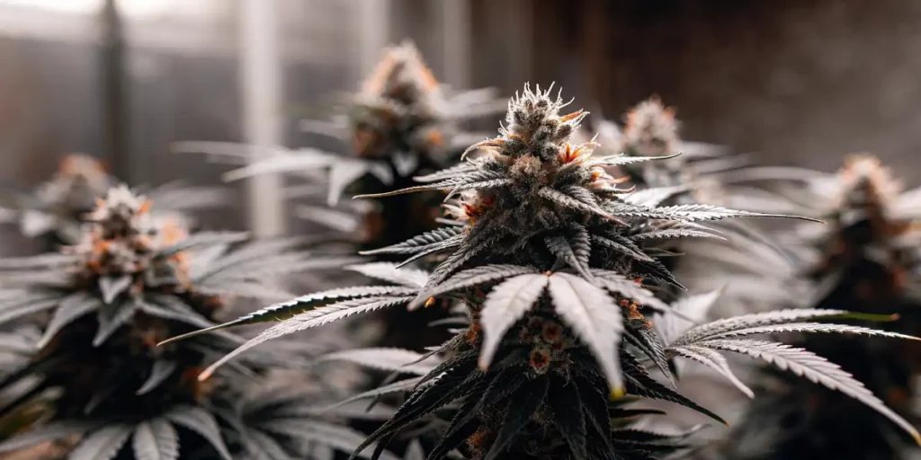 Close-up of dense cannabis buds with orange pistils and frosty trichomes growing in an indoor environment.