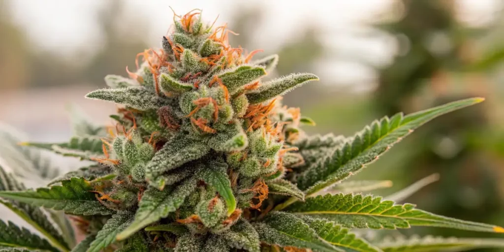 Close-up of a dense cannabis flower with frosty trichomes, green leaves, and orange pistils under natural lighting.
