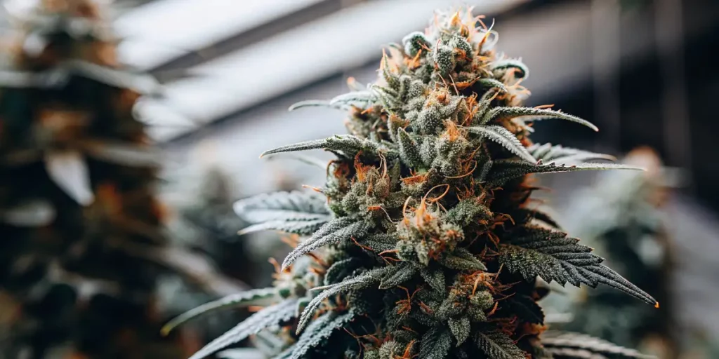 Cannabis flower with purple hues and resinous trichomes in daylight.