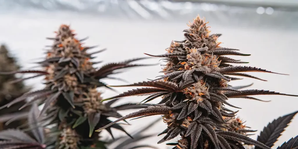 Dense cannabis buds in a grow room with thick trichomes and vibrant orange hairs.