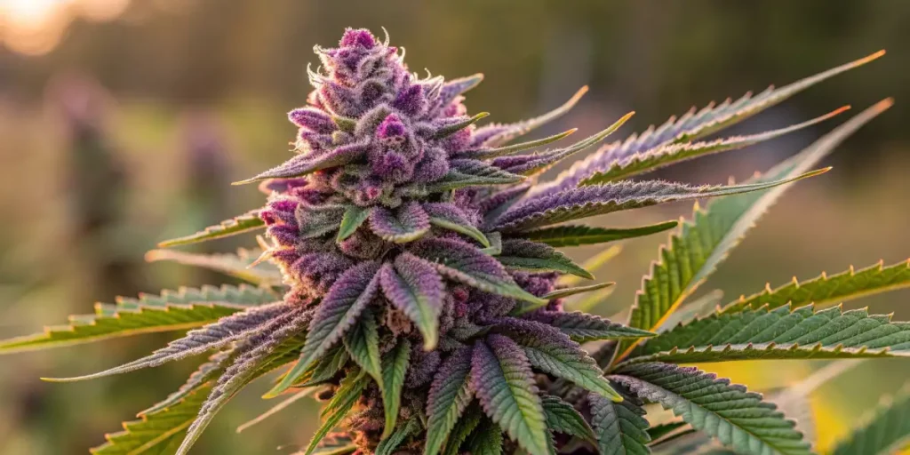 Dense cannabis bud with purple hues, covered in trichomes and orange pistils.