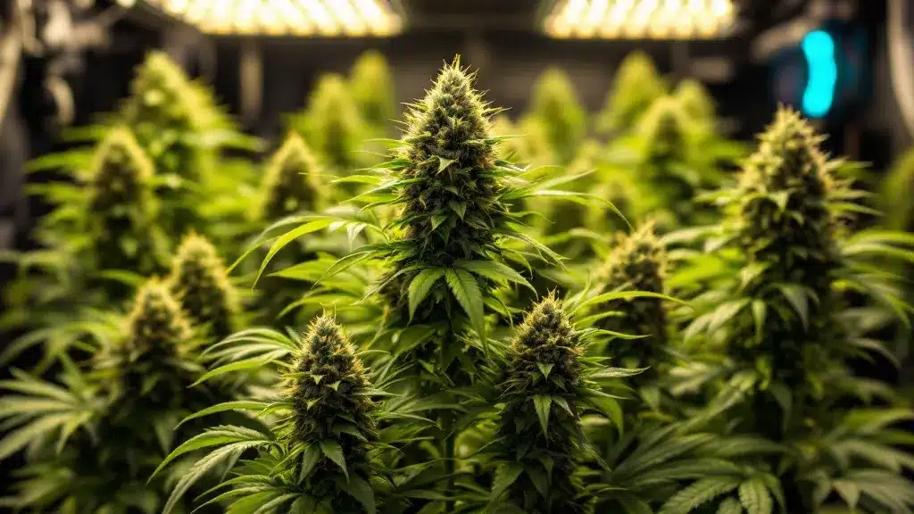Indoor weed growing setup with LED lights and vibrant, dense cannabis buds.