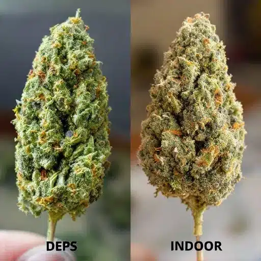 Deps vs indoor weed buds side-by-side, highlighting their texture and density differences.