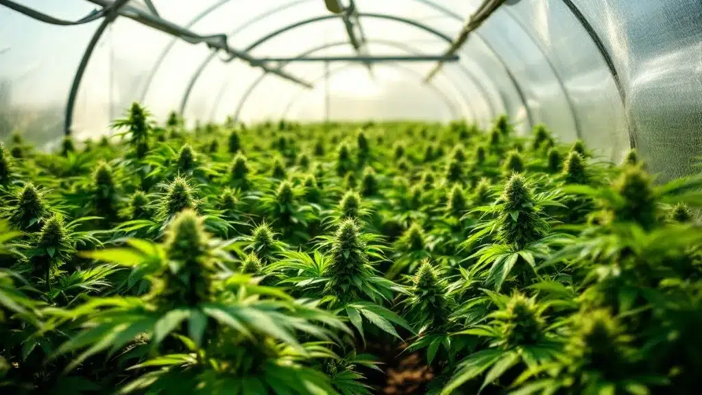 Deps weed greenhouse using natural sunlight with light-deprivation tarps in view.