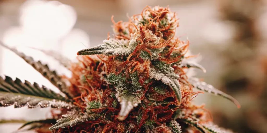 Detailed cannabis flower with dense trichomes and orange hair-like pistils.